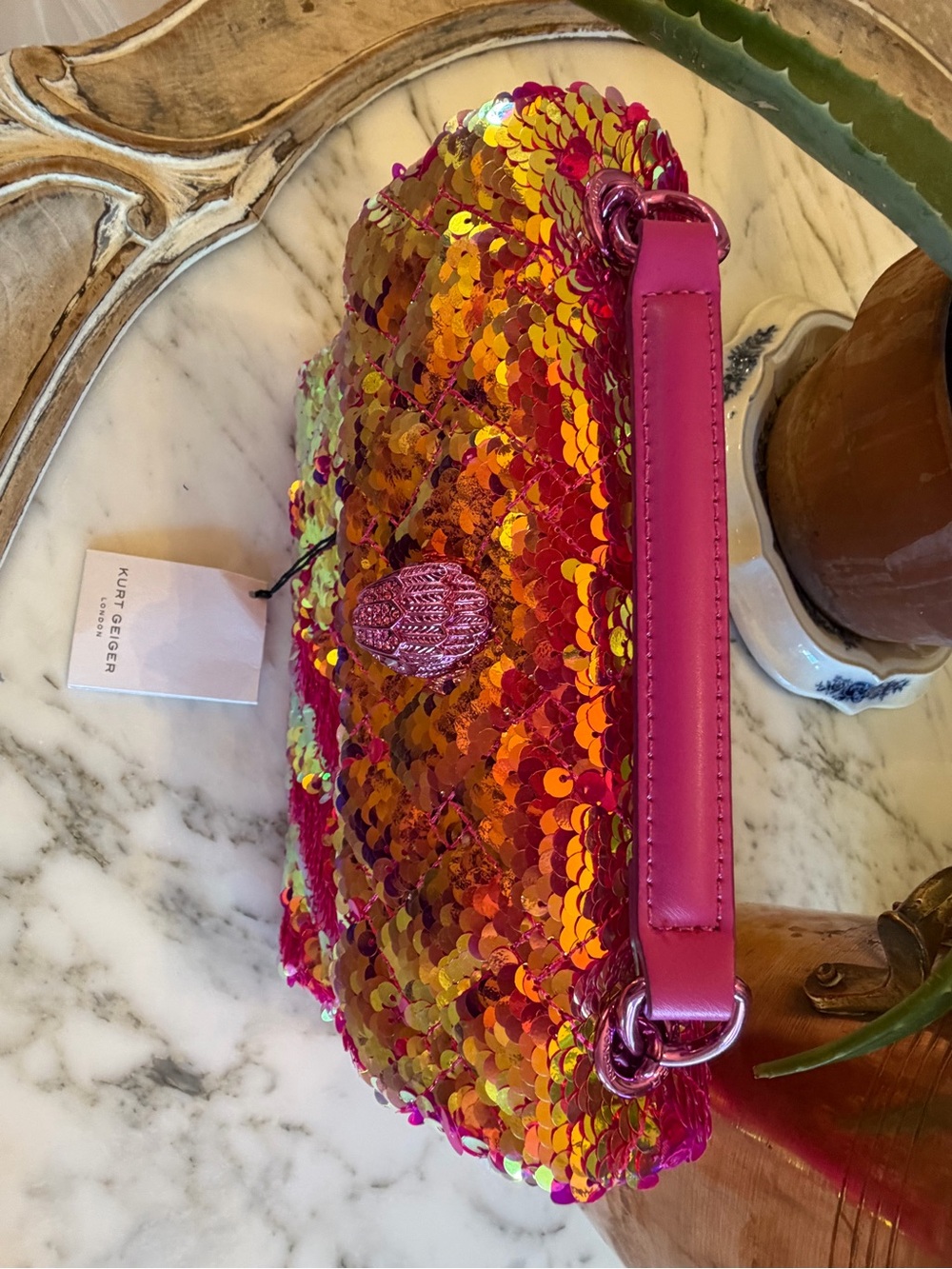 Kurt Geiger Kensington Fuchsia Pink and Gold Sequin Chain Crossbody Bag - Picture 8 of 13